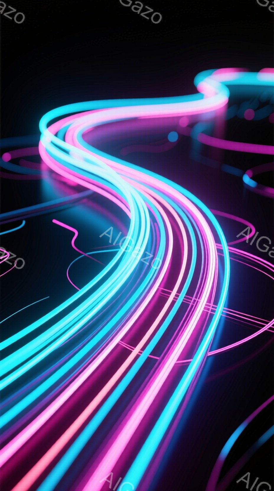 鮮やかなネオンピンクとターコイズブルーの光の線が、暗い背景を曲線的に流れています。光の線はまるでエネルギーの流れや、未来的な道路のように見え、奥行きを感じさせる鮮烈なコントラストを生み出しています。全 - AI生成フリー素材