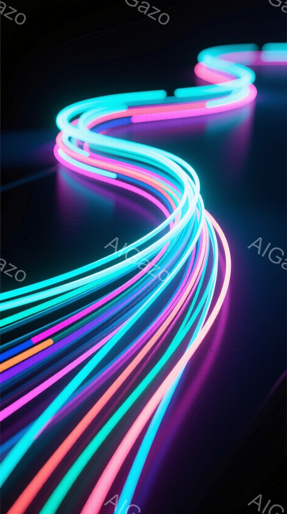 鮮やかなネオンカラーの光線が、黒い背景を背景に、流れるような曲線を描きながら広がっている。光線はターコイズブルー、ピンク、紫、オレンジなど、多様な色が混ざり合い、未来的な印象を与える。背景は暗く、光線 - AI生成フリー素材