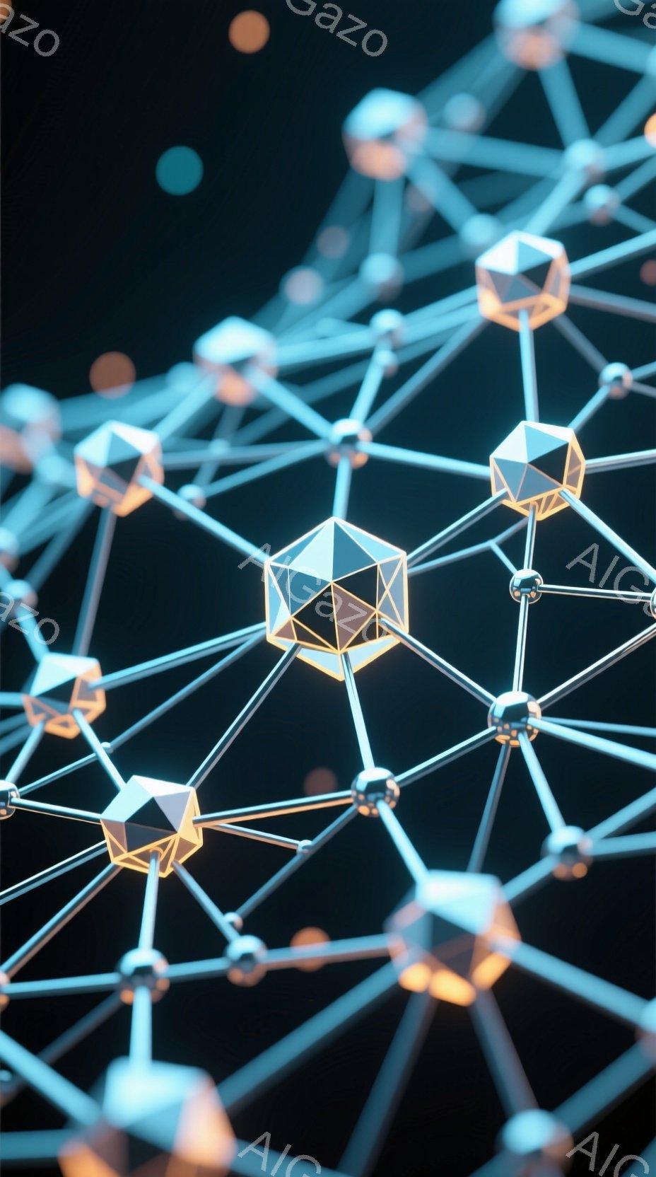 この画像は、複雑なネットワーク構造を抽象的に表現したものです。光沢のある多面体が線で繋がれ、まるで分子構造やデジタルネットワークの視覚化のようです。暗い背景に浮かび上がる構造は、未来的な科学技術や、つながりを連想させます。