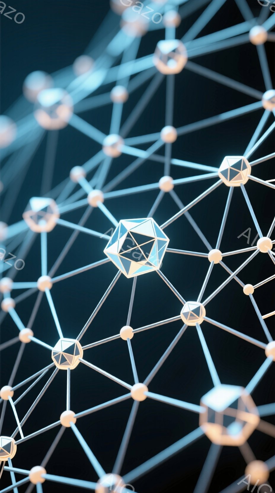 この画像は、暗い背景に浮かび上がる、金色の球と線で構成された複雑なネットワーク構造を描いています。球はそれぞれ線で結ばれ、まるで分子構造や接続されたノードの集合体のように見えます。全体的に、未来的なテクノロジーや抽象的な概念を想起させる、洗練された雰囲気を持っています。