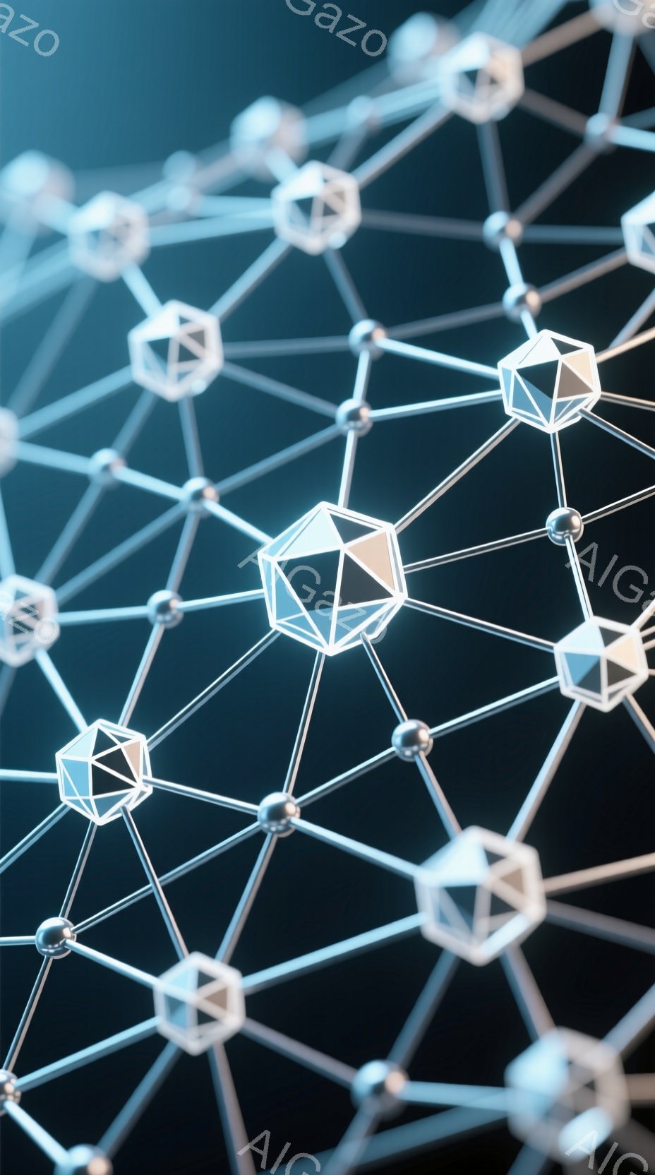 この画像は、光沢のある白い線で構成された複雑なネットワーク構造を示しています。各接続点は、小さな立方体が組み合わさったような形状で、光を反射して輝いています。暗い背景が、このネットワークの構造を際立たせており、科学的で未来的な雰囲気を醸し出しています。