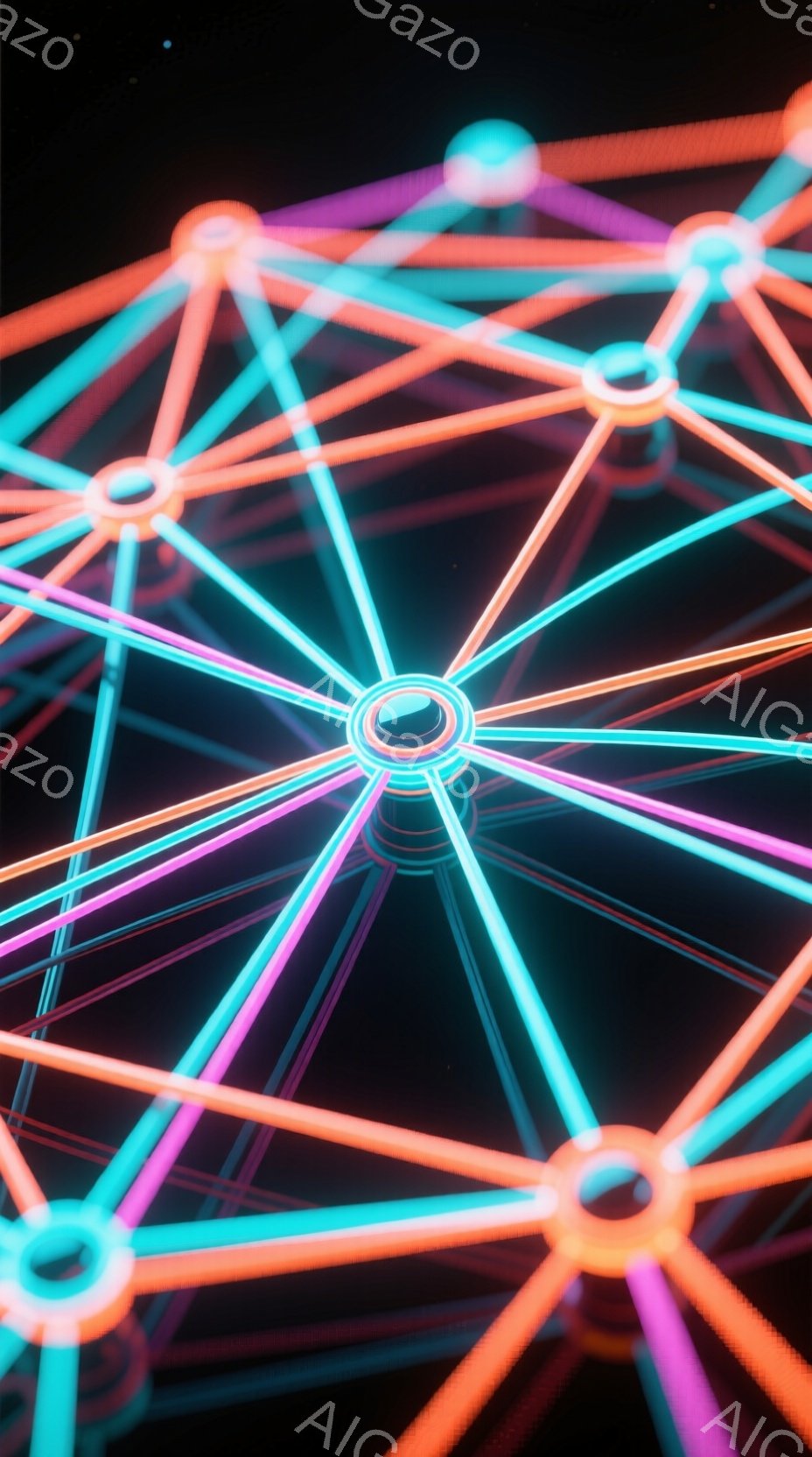 鮮やかなネオンカラーの光線が、中心点から放射状に広がる様子が描かれています。ピンク、水色、オレンジ色の光が交差することで、複雑で未来的なネットワークを形成しており、背景は漆黒の闇で、光のコントラストが際立っています。全体として、サイバーパンクやデジタルアートを連想させる、洗練された抽象的なイメージです。