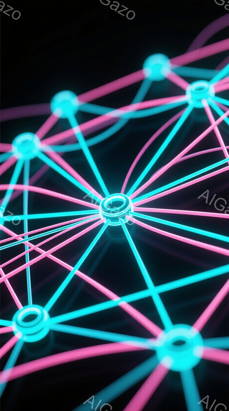 暗い背景に、鮮やかなターコイズブルーとピンクの光の線が放射状に広がる抽象的な図形が描かれています。光の線は、球状のノードで接続されており、まるで未来的なネットワークや神経回路を連想させます。 全体的に、サイバーパンクやデジタルアートのような、近未来的で幻想的な雰囲気を醸し出しています。