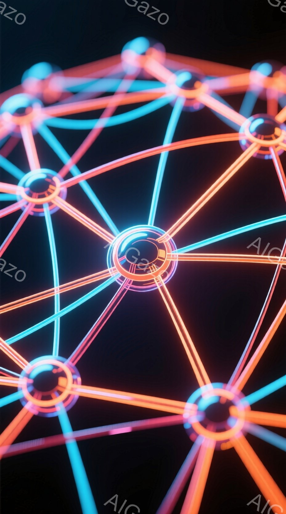 鮮やかなネオンカラーの線が放射状に広がり、黒い背景に浮かび上がる抽象的な光景です。各線は円形のノードで繋がれており、サイバーパンクや未来的なネットワークを想起させます。 全体的に、ダイナミックでエネル - AI生成フリー素材