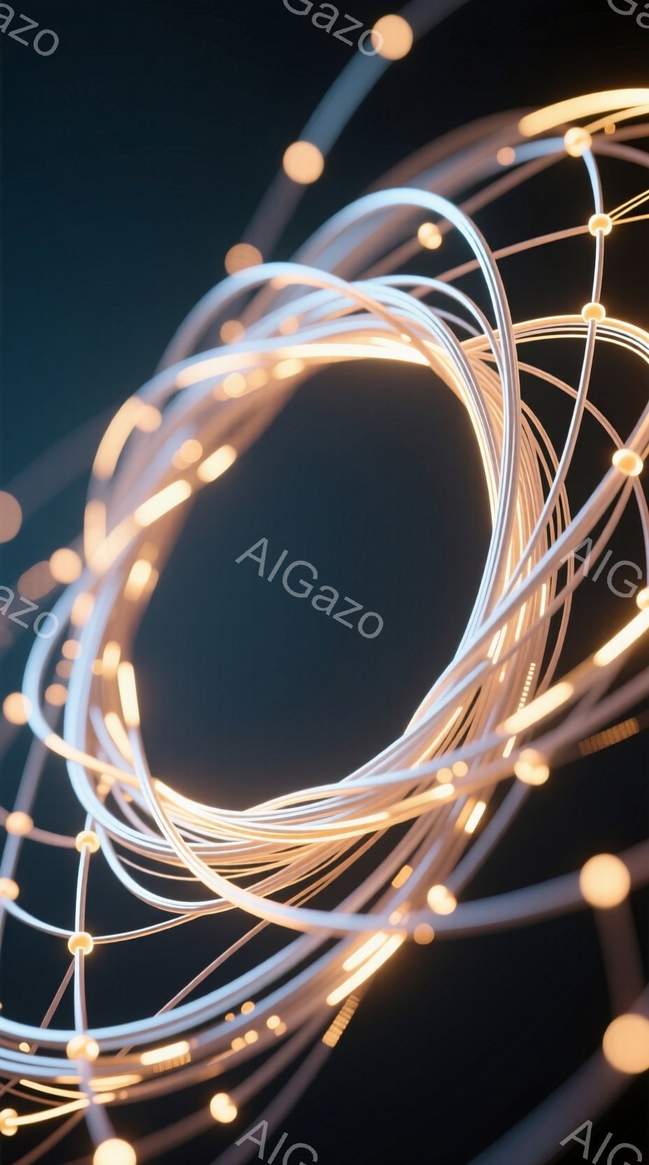 複雑な光の線が絡み合い、暗い背景に浮かび上がる抽象的な表現です。光の線は温かいオレンジ色と冷たい白色が混ざり合い、まるでエネルギーの流れを視覚化したかのようです。全体として、未来的な科学技術や、宇宙の神秘性を感じさせる雰囲気です。