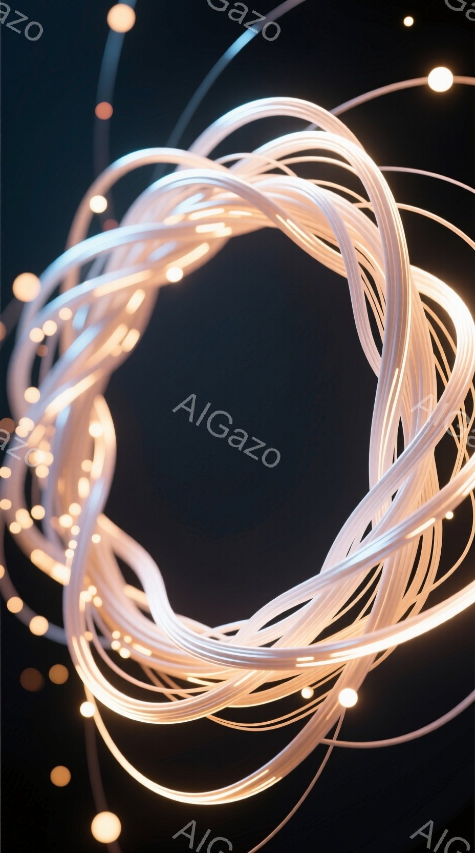 漆黒の背景に、光を帯びた白い線が複雑に絡み合い、円のような形を形成している。線は柔らかく流れるような質感で、ところどころに小さな光の球体が散りばめられ、幻想的な雰囲気を醸し出している。全体的に未来的で、エネルギーの流れやネットワークを連想させるイメージである。