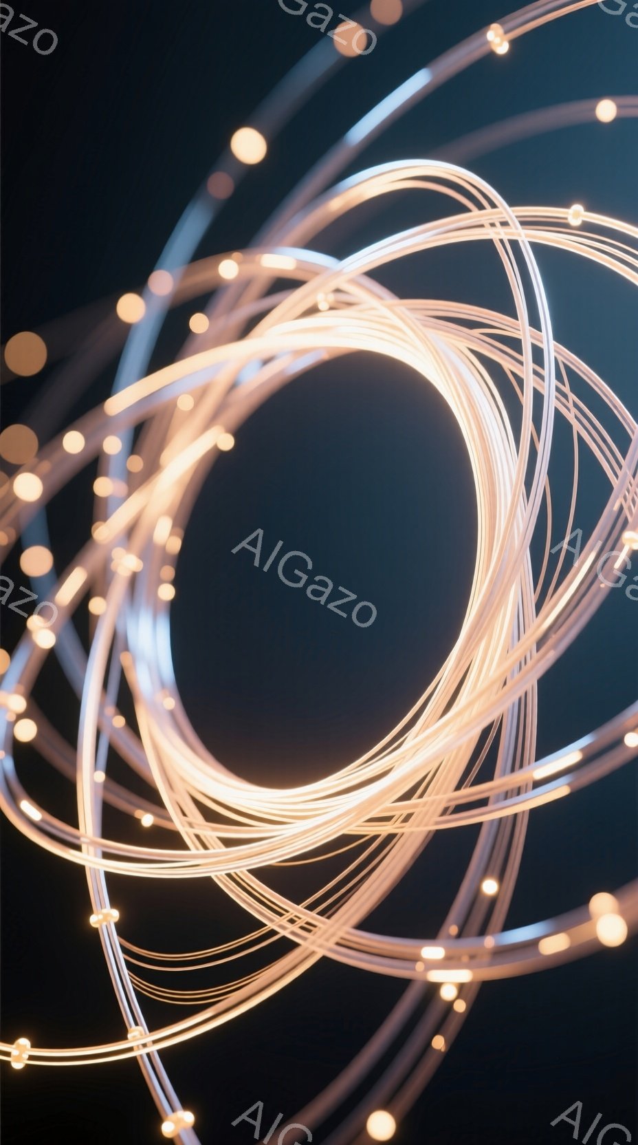 暗い背景に、光る円状の線が複雑に絡み合って、抽象的な構造体を形成している。線は金色を帯びており、まるでエネルギーの流れや軌跡を表現しているようだ。全体的に神秘的で未来的な雰囲気を醸し出している。