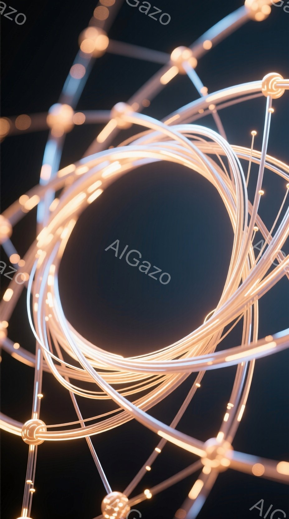 複雑に絡み合った光る線が、球体状の構造を形成しており、各線の接続点には小さな光の球体が配置されている。背景は暗い黒色で、線と球体の光が際立っており、まるで分子構造やエネルギーの流れを表現しているかのようだ。全体的に未来的で抽象的な雰囲気を持ち、科学的なイラストレーションやデザインに使用されそうなイメージである。