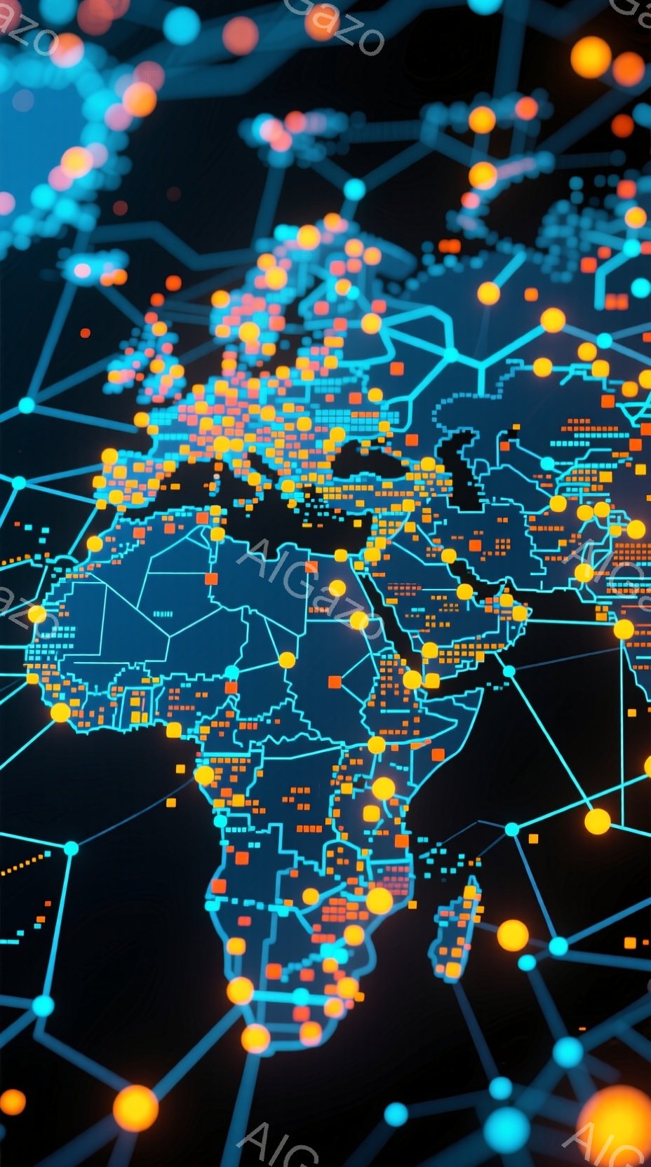 この画像は、暗い背景に輝くオレンジと青の点と線で構成されたネットワーク状のマップを示しています。地図はアフリカ大陸の形をしており、都市や接続を表すように見える無数の小さなオレンジ色の正方形で覆われています。全体的な雰囲気は、テクノロジー、接続性、グローバルネットワークを連想させる近未来的な表現です。