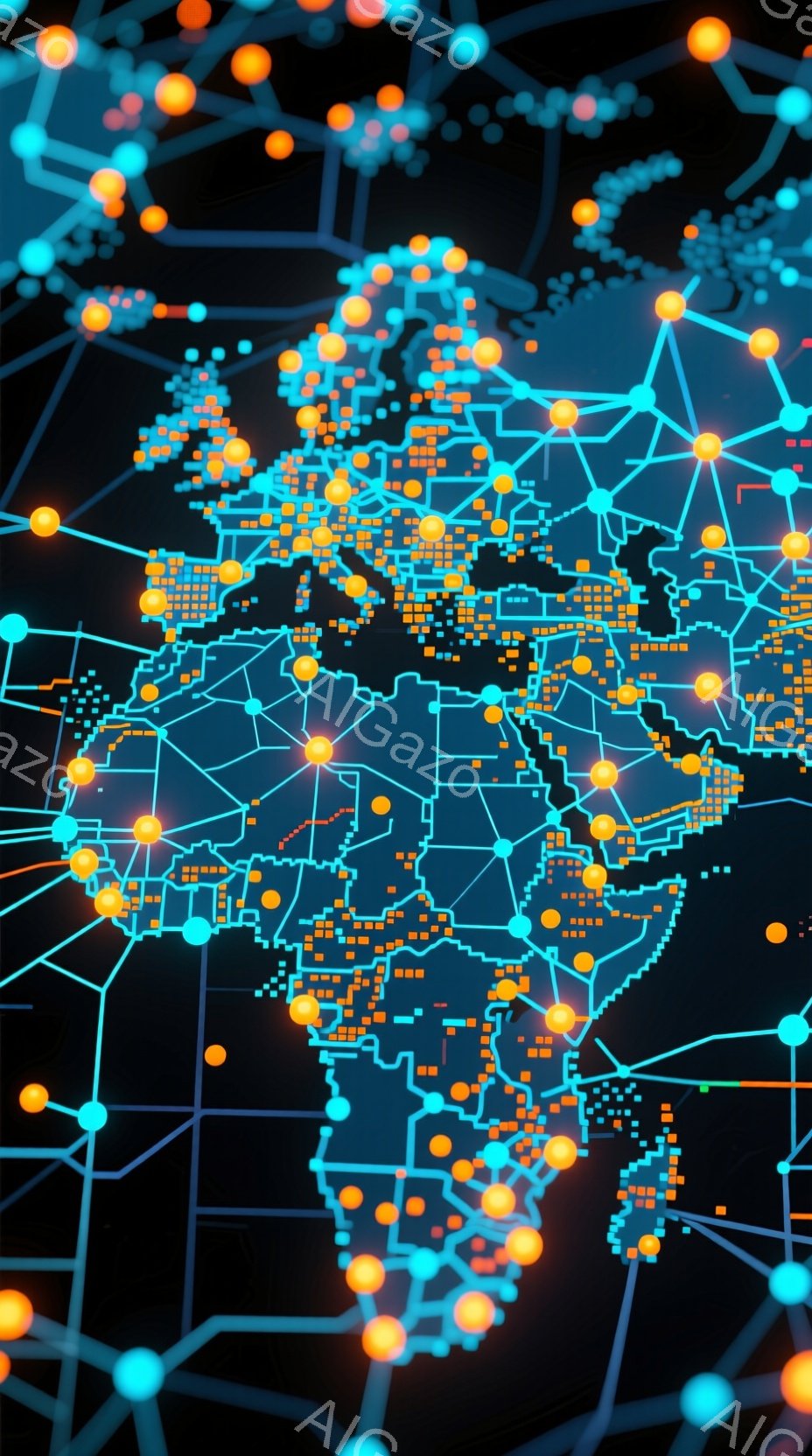 この画像は、暗い背景に浮かぶ地球儀のデジタル表現です。大陸は明るい青色で区切られ、オレンジ色の光る球体と線で接続されたネットワークが大陸上を覆っています。全体的に、現代的で技術的な雰囲気を持ち、グローバルな接続性とデジタル化を象徴しているように見えます。