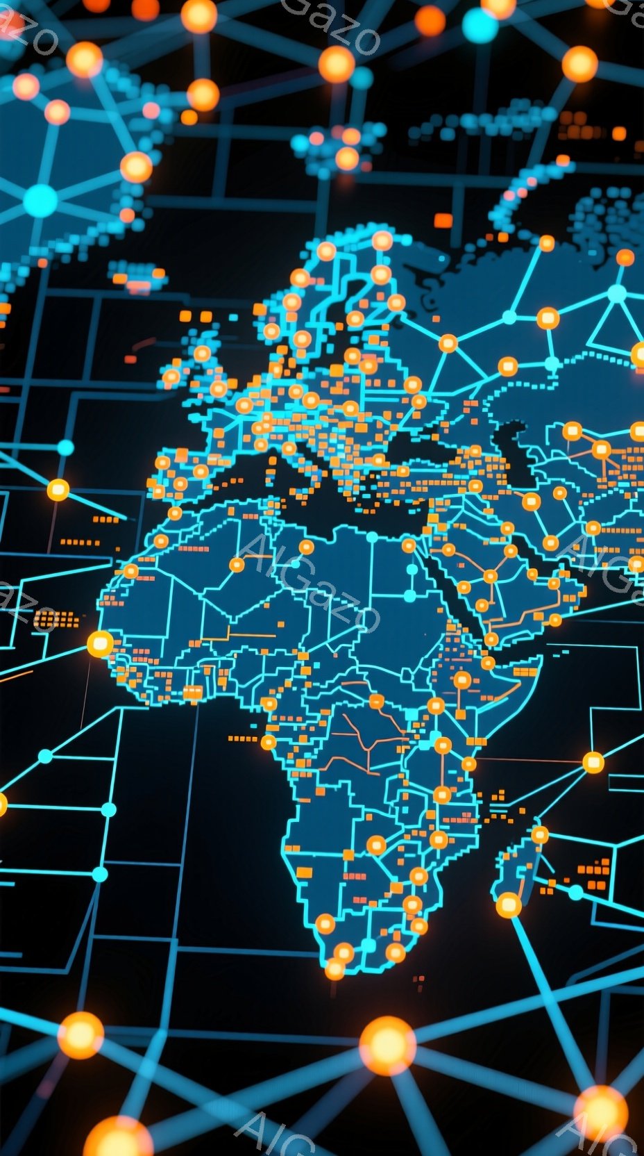 この画像は、暗い背景に青い大陸の輪郭が描かれ、無数の光るオレンジ色の点が大陸全体に接続されたネットワークを形成しています。大陸はアフリカとヨーロッパを中心とした世界地図の一部を表しており、点が都市や接続ポイントを示唆しています。全体として、グローバルな通信ネットワークやデータ接続を視覚的に表現した、現代的で未来的な雰囲気の画像です。