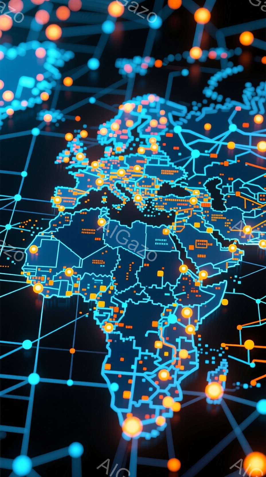 アフリカ大陸の地図が、鮮やかなオレンジと青色のネットワークで覆われています。大陸の形は線で描かれ、都市や主要地点が光る球体で示されています。背景は暗く、ネットワークの光が強調され、現代的で技術的な雰囲気を醸し出しています。