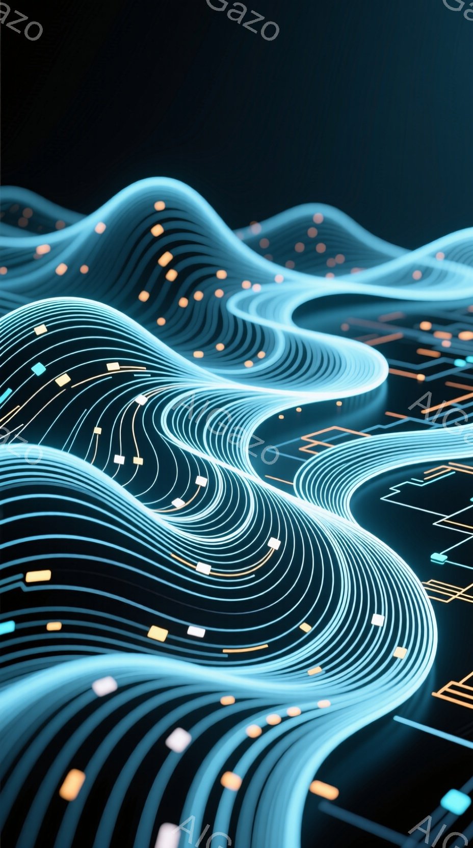 鮮やかな青色の線がうねるように重なり合い、未来的な地形を形成している。線の間にはオレンジ色の小さな光点が散りばめられ、暗い背景の中で発光しているように見える。全体的に、テクノロジーと自然が融合した、流動的で神秘的な雰囲気を醸し出している。