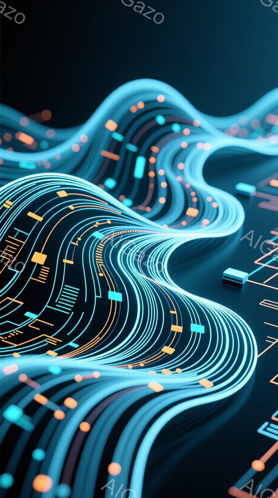 鮮やかなネオンカラーの線が、まるで光の蛇のようにうねり、黒い背景を覆っています。ところどころにオレンジ色の発光する球体が配置され、未来的な回路基板のような印象を与えます。全体として、高科技でサイバーパンク的な雰囲気があり、データストリームやエネルギーの流れを視覚化したようなイメージです。