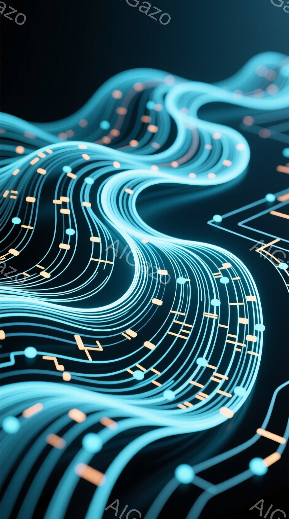 鮮やかな青色の線が複雑に絡み合い、流れるような光の軌跡を描いている。オレンジ色の小さな光点が線に沿って配置されており、まるで回路やネットワークの構造を表現しているかのような印象を与える。暗い背景とのコ - AI生成フリー素材