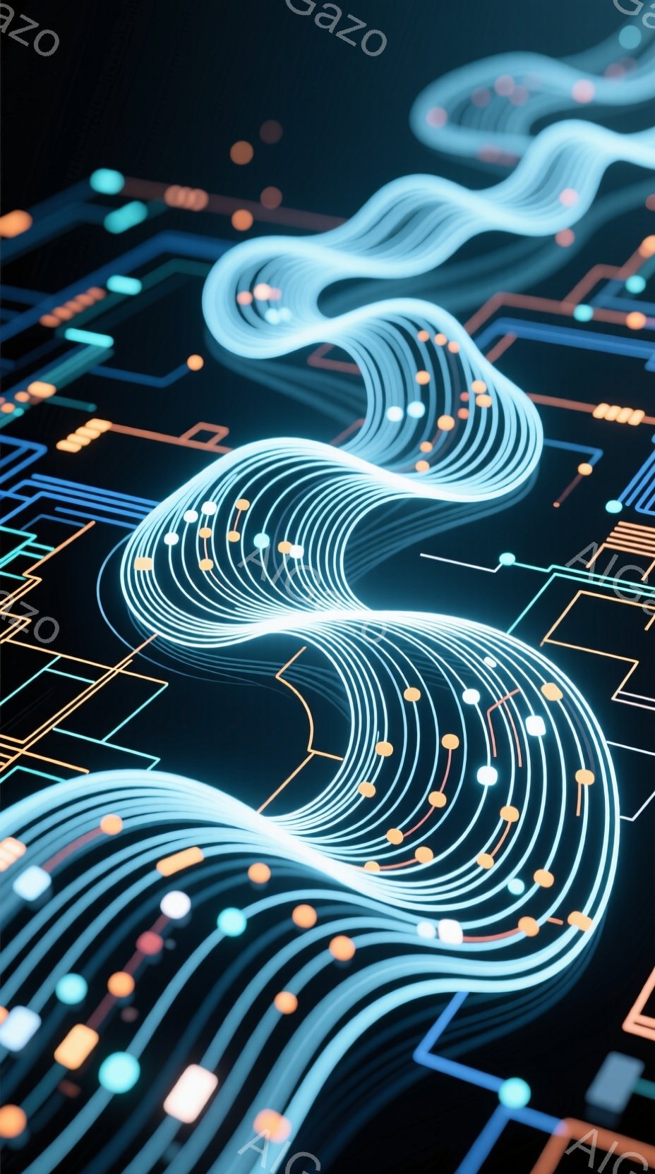 鮮やかなネオンカラーの線が、暗い背景を背景に複雑なネットワークのように描かれています。青、オレンジ、赤の線が交差し、まるで未来的な回路図やデータフローを視覚化したかのようです。全体的にテクノロジー、デ - AI生成フリー素材