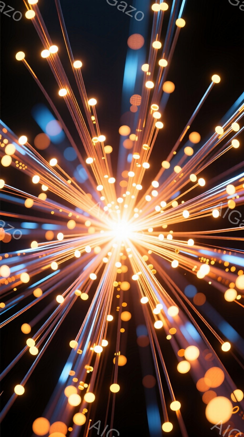 漆黒の背景から、眩い光の筋が放射状に広がっている様子が捉えられています。光の筋は、金色の強い光と、青みがかった光が混ざり合い、まるで星が爆発したような、またはエネルギーが放出される瞬間を表現しているかのようです。鮮やかでダイナミックな光の表現は、見る者に強い印象を与えます。