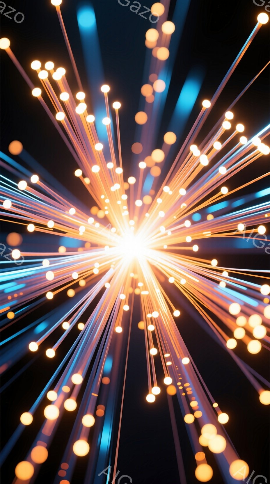 この画像は、暗い背景から放射状に広がる光の筋で構成されています。光は白、オレンジ、青の色調を持ち、まるで何かが爆発したり、エネルギーが放出されたりした様子を表現しています。全体的に、ダイナミックで未来的な印象を与える抽象的な表現です。