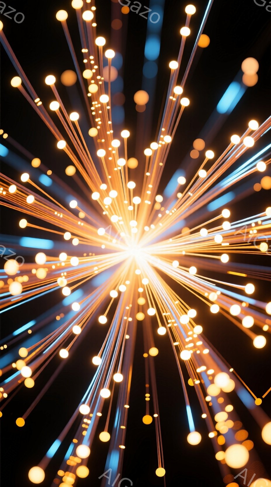 漆黒の背景から放射状に広がる光の線が印象的な画像です。光の線は金色や青色を帯びており、その先端には小さな光の球体が散りばめられています。まるで夜空に咲き誇る花火や、星々が爆発したかのような幻想的な雰囲 - AI生成フリー素材