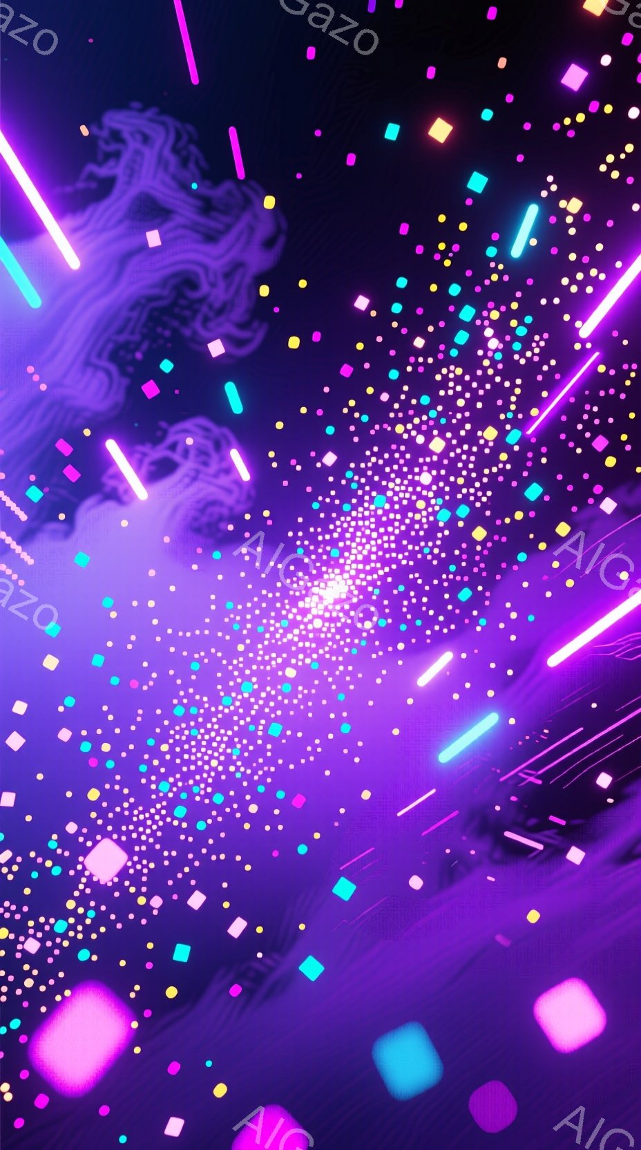 深い黒色の背景に、大小さまざまな発光する四角形が散りばめられており、まるで星屑のような印象を与えます。画面中央にはより明るい光の集積があり、それが光の四角形と一体となって、幻想的で未来的な雰囲気を醸し - AI生成フリー素材