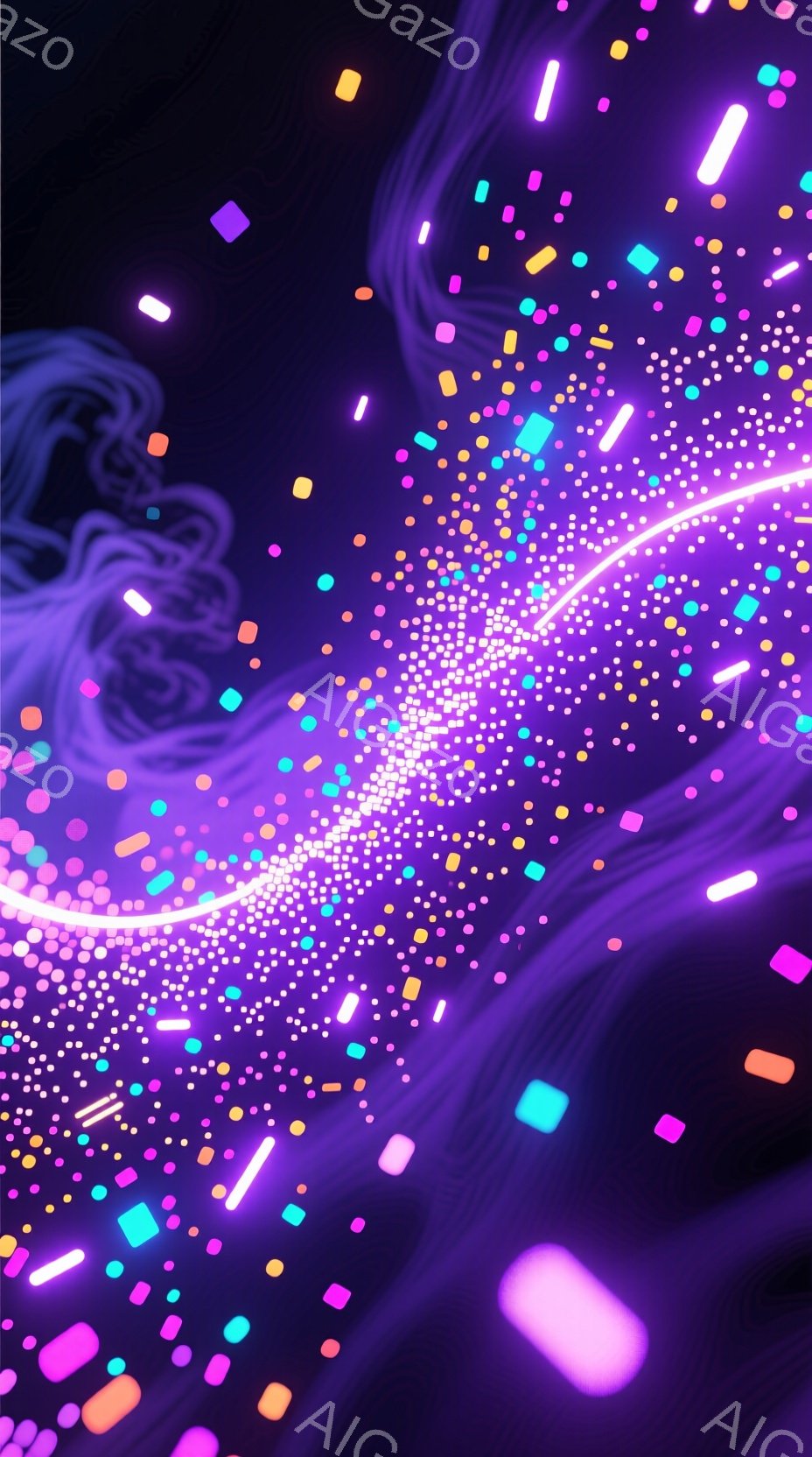 暗い紫色を基調とした背景に、無数の小さな光の粒が星のように散りばめられ、中心に向かって収束するような光の軌跡が描かれている。鮮やかなピンク、青、オレンジ色の光のブロックが不規則に配置され、幻想的な雰囲 - AI生成フリー素材