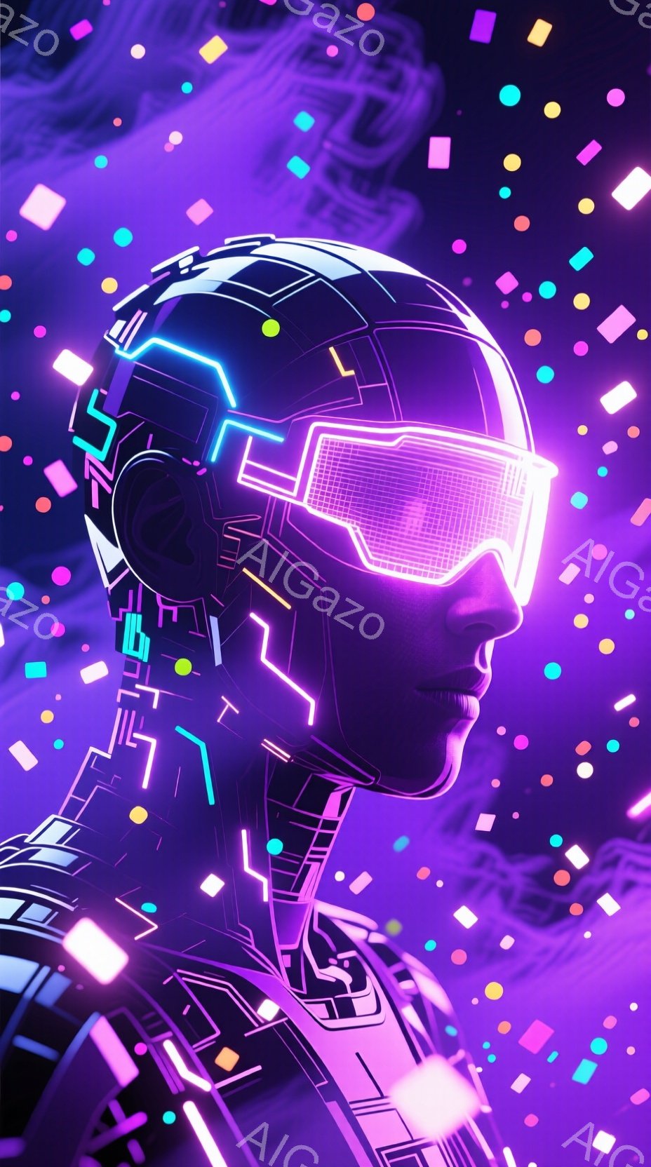 この画像は、未来的なヘルメットを装着した人物のシルエットを捉えています。ヘルメットはネオンピンクと青色のラインで装飾され、視覚的なアクセントとなっています。背景には、明るいピンクや緑色の四角形が散りばめられ、サイバーパンク的で幻想的な雰囲気を醸し出しています。