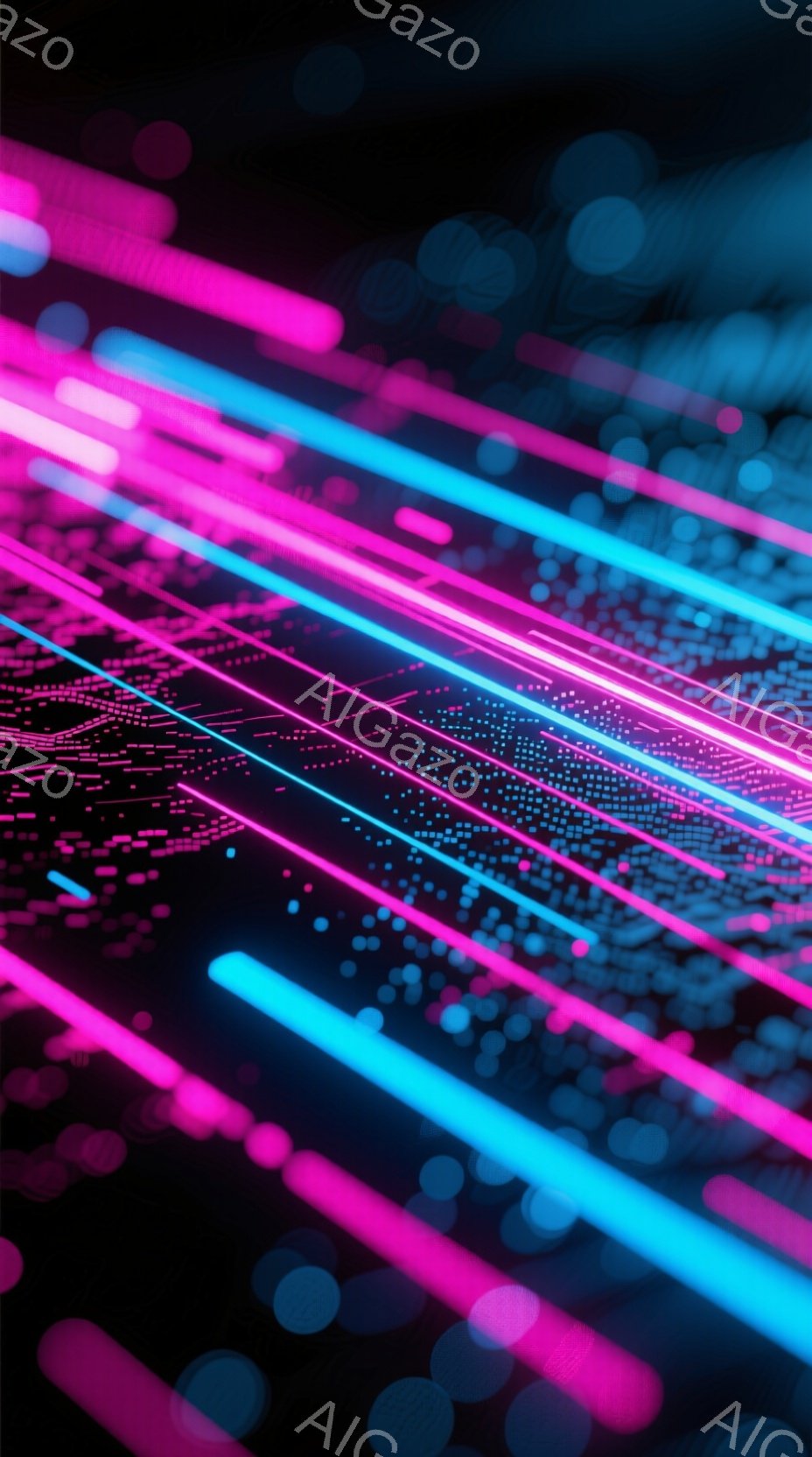 鮮やかなネオンピンクと青色の光のラインが、暗闇の中で交差する抽象的なイメージです。光のラインは、まるでデジタルデータストリームのように、細かく点在する光の粒子と共に、奥行きのある空間を表現しています。全体的にサイバーパンク風で、未来的なエネルギーを感じさせる雰囲気です。
