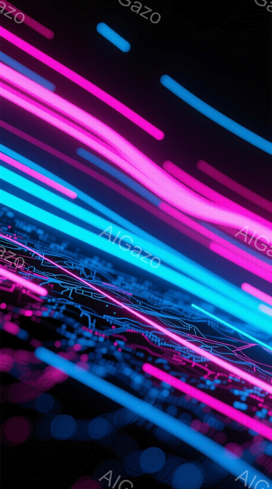 鮮やかなネオンピンクと青色の光線が、対角線状に画面全体を覆っている。光線はまるで未来都市の光の軌跡のようで、背景には微細な回路図のようなパターンがぼんやりと見え隠れする。全体的に近未来的でサイバーパンクな雰囲気を醸し出しており、速度感とエネルギーを感じさせる。