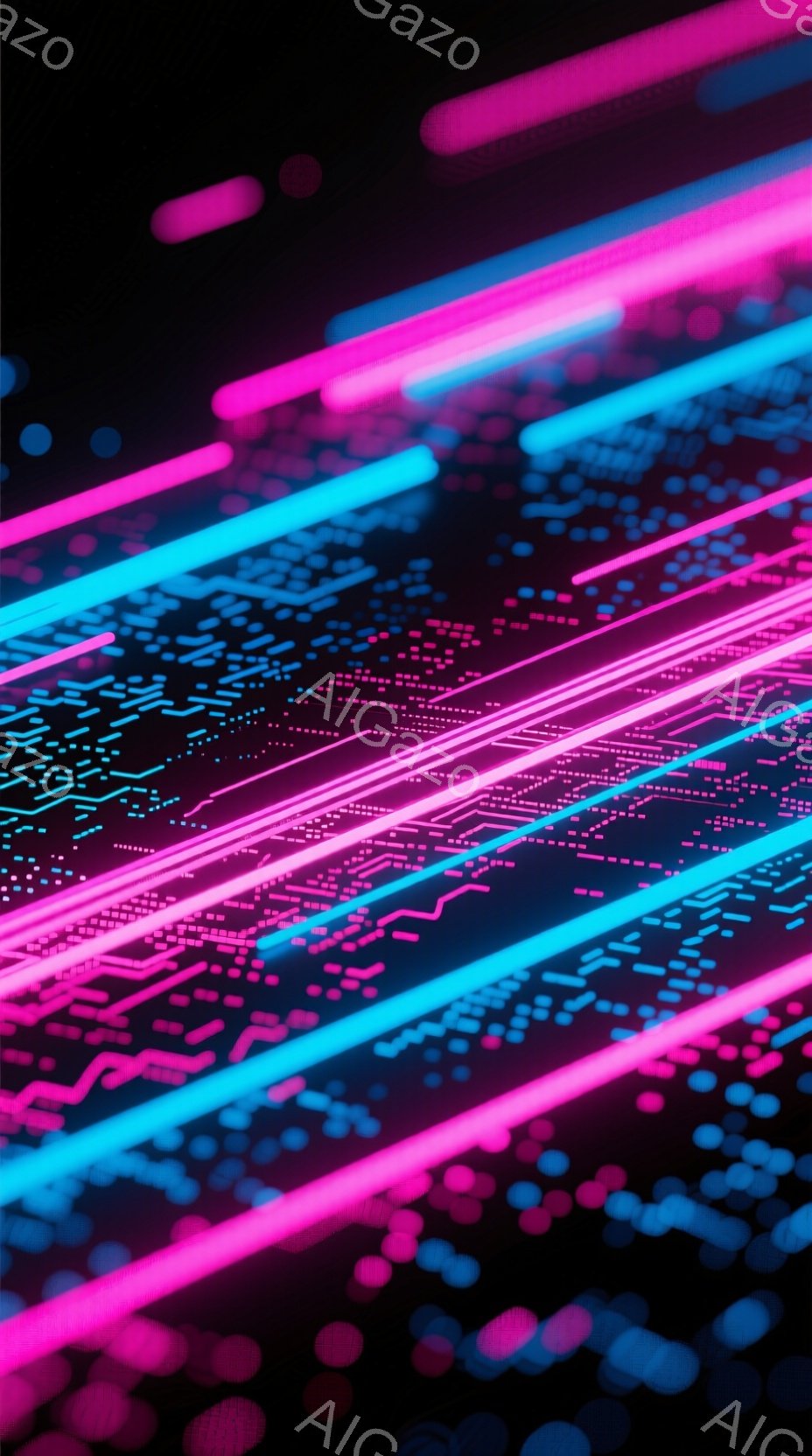 鮮やかなネオンピンクとブルーの線が、暗い背景を斜めに走り、未来的な回路のような模様を形成している。線は点線や短い線で構成されており、光が流れるような、あるいはデジタル信号が伝わるような視覚効果を生み出 - AI生成フリー素材