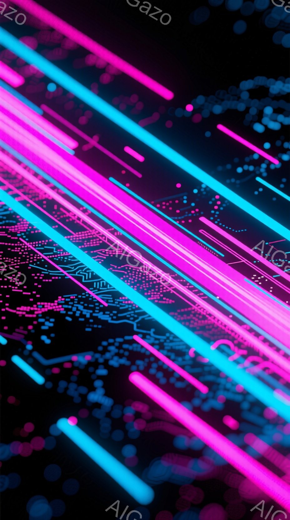 鮮やかなネオンピンクと水色の線が、暗い背景に斜めに交差する抽象的なデジタルアート作品です。線は未来的な回路基板のようなパターンで構成されており、背景には小さな光点が散りばめられています。全体的に、サイ - AI生成フリー素材