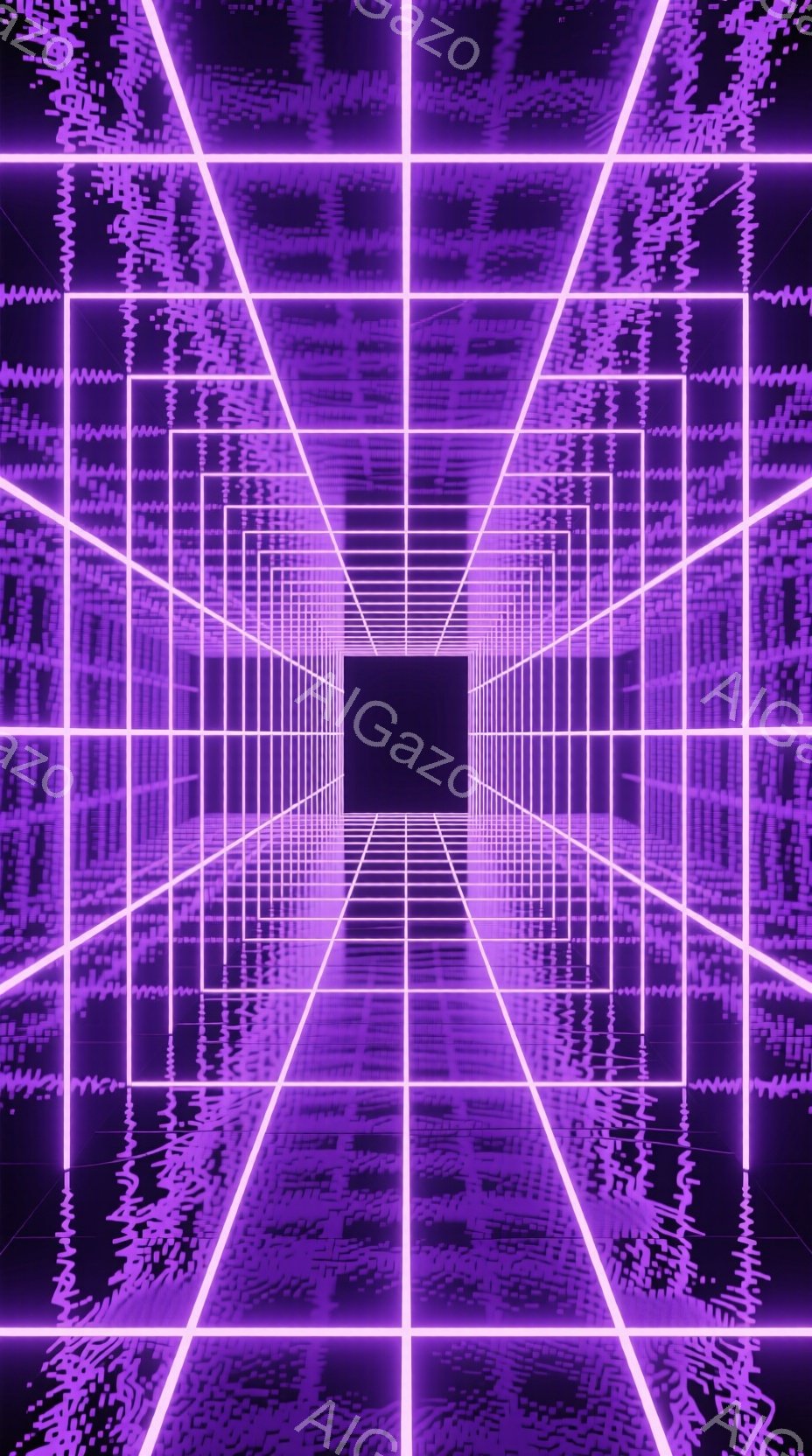 この画像は、鮮やかな紫色とネオンカラーで構成された、無限に続くトンネルのような視覚効果を示しています。幾何学的な線が遠近法を利用して奥行きを強調し、未来的な空間を作り出しています。全体的に、サイバーパンクや80年代のレトロな雰囲気を醸し出しており、没入感のある視覚体験を提供します。