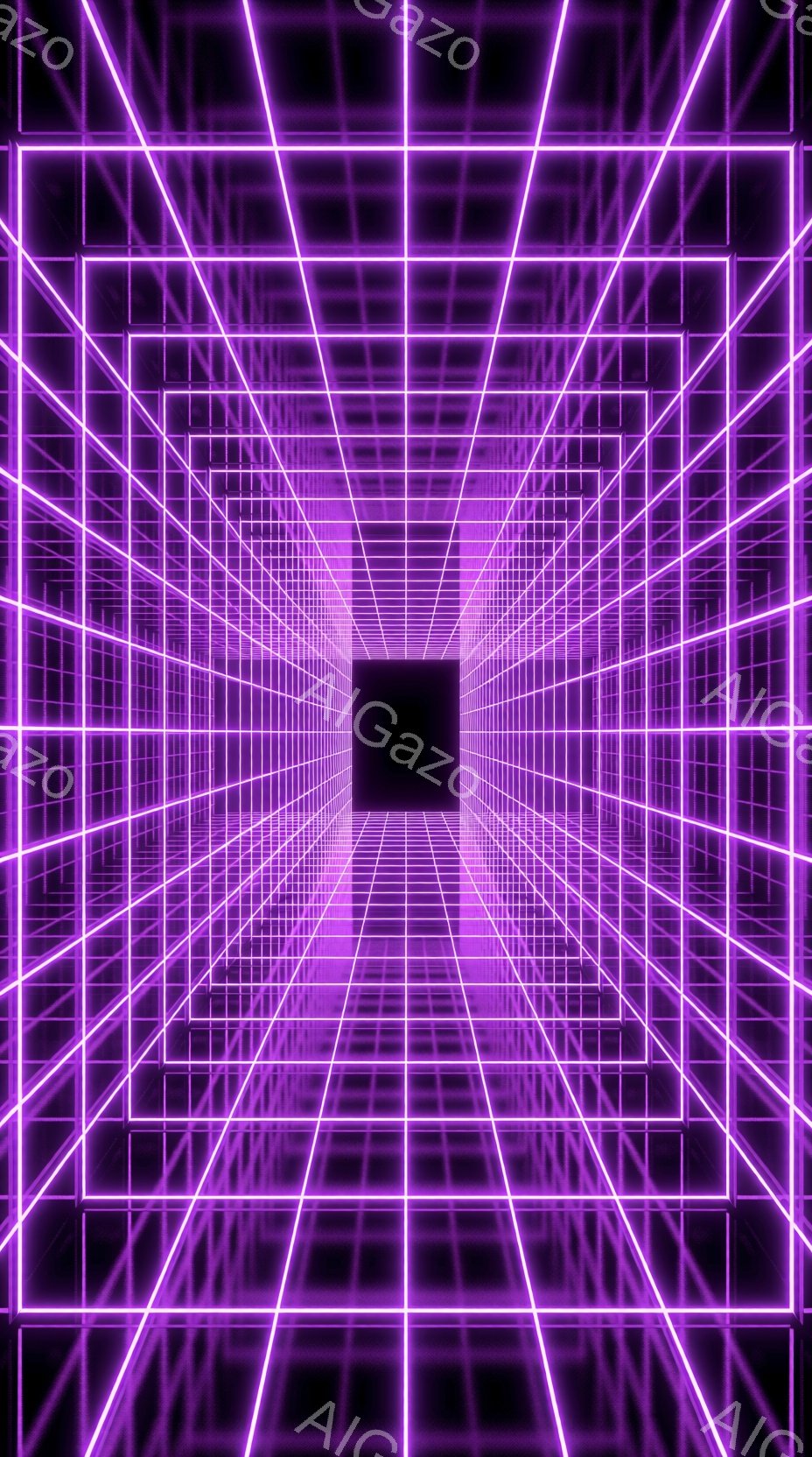 この画像は、ネオンパープルのグリッドが無限に続くトンネルのような空間を描写しています。グリッドは水平方向と垂直方向に伸びており、遠近法によって奥行きが強調されています。暗い背景と鮮やかなグリッドのコントラストが、サイバーパンク的で未来的な雰囲気を醸し出しています。