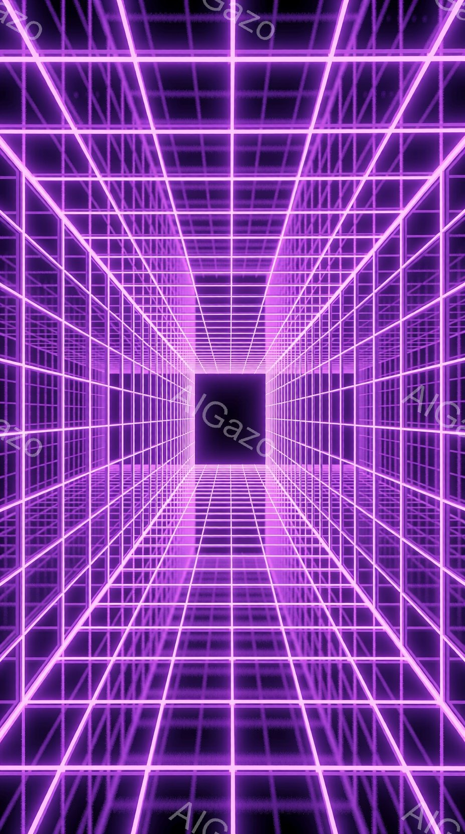 この画像は、ネオンパープルのグリッド状のトンネルが無限に続く、サイバーパンク風の視覚的表現です。グリッド線は遠近法によって収束し、黒い中心点へと視線を誘導します。全体的に、未来的な没入感と奥行きのある空間を強調したデジタルアート作品です。