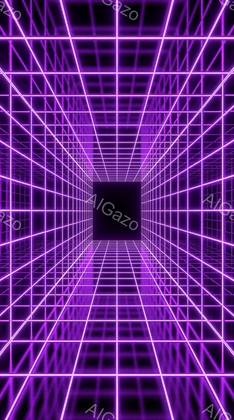 この画像は、蛍光紫色のグリッド状のトンネルが遠近法で描かれており、中心に暗い空間が広がっています。光の線が交差することで未来的な雰囲気が強調され、まるでサイバー空間やデジタル世界への入り口のようです。 - AI生成フリー素材