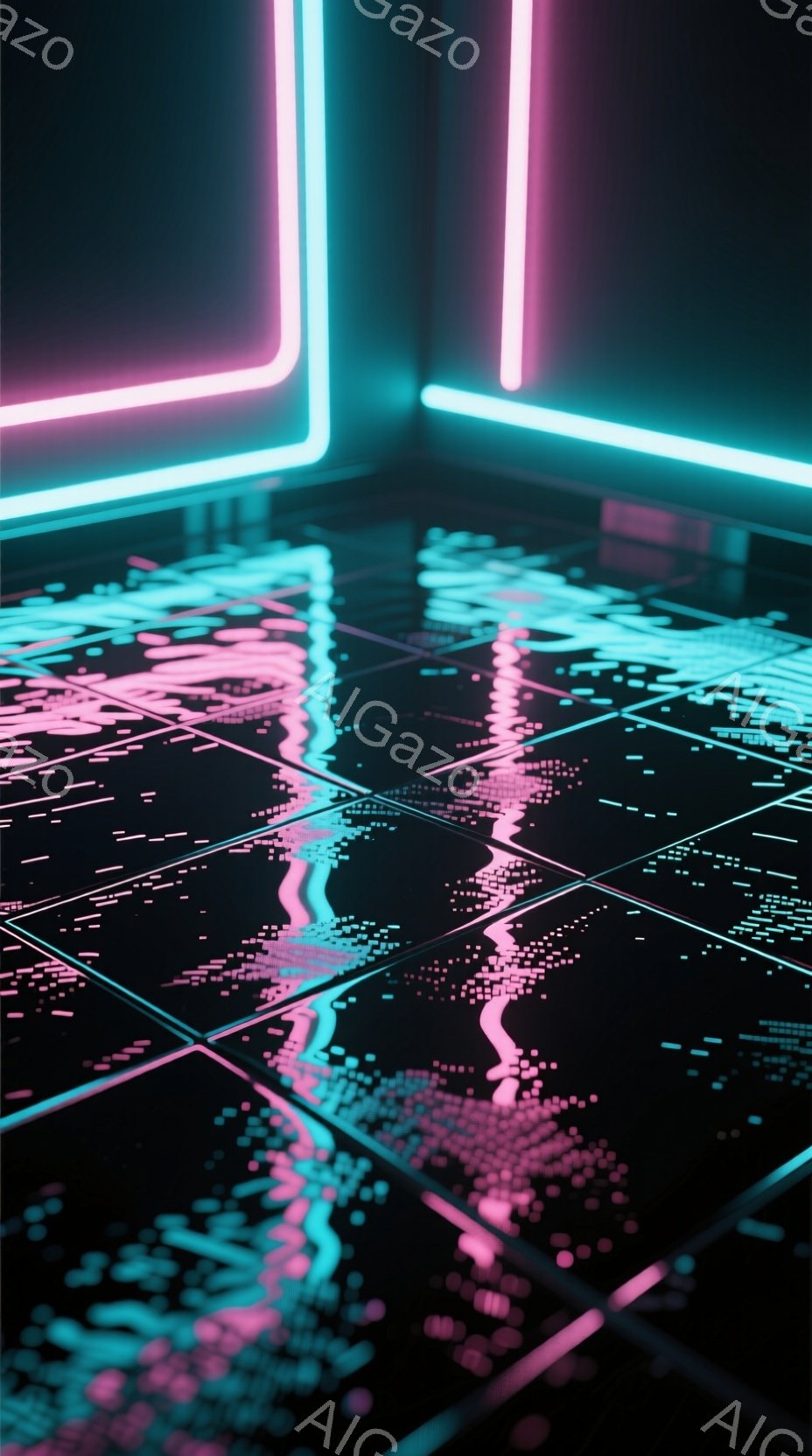 鮮やかなネオンピンクとターコイズブルーの光が、暗い空間に幾何学的なパターンを投影している。床面は鏡面仕上げで、光の反射が複雑な模様を生み出し、未来的な雰囲気を醸し出している。全体的にサイバーパンクやデ - AI生成フリー素材