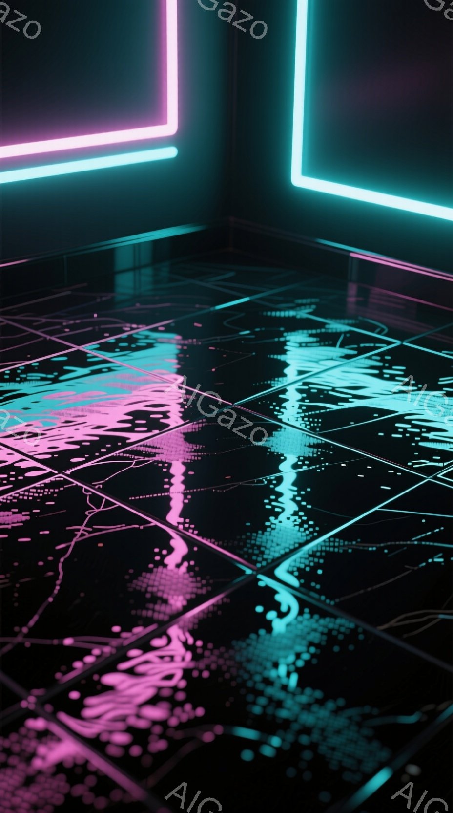 この画像は、暗い背景にネオンピンクとターコイズブルーのグリッド状の光が反射する抽象的な表現です。光はまるで水面のような表面で歪んでおり、サイバーパンク風の未来的な雰囲気を作り出しています。全体的に、デ - AI生成フリー素材