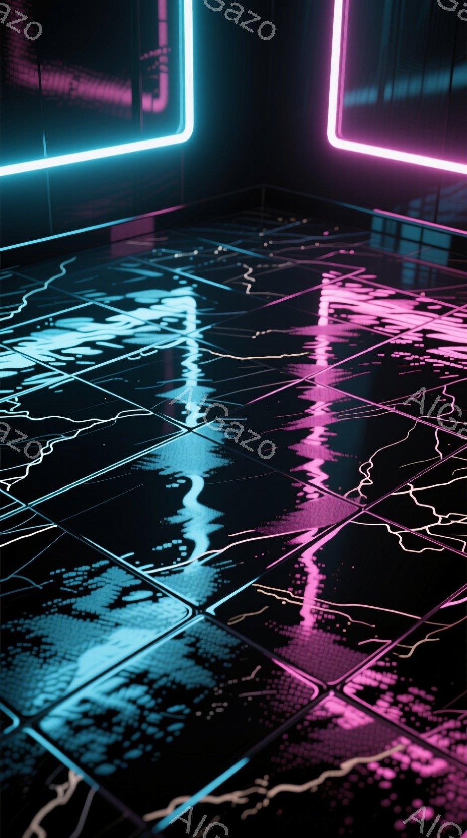 鮮やかなネオンライトが反射する、暗く光沢のあるタイル張りの床が印象的な画像です。床には、サイバーパンク風の回路図のような模様が描かれており、未来的な雰囲気を醸し出しています。青とピンクのネオンライトが床面で交差し、独特の光のパターンを作り出しています。