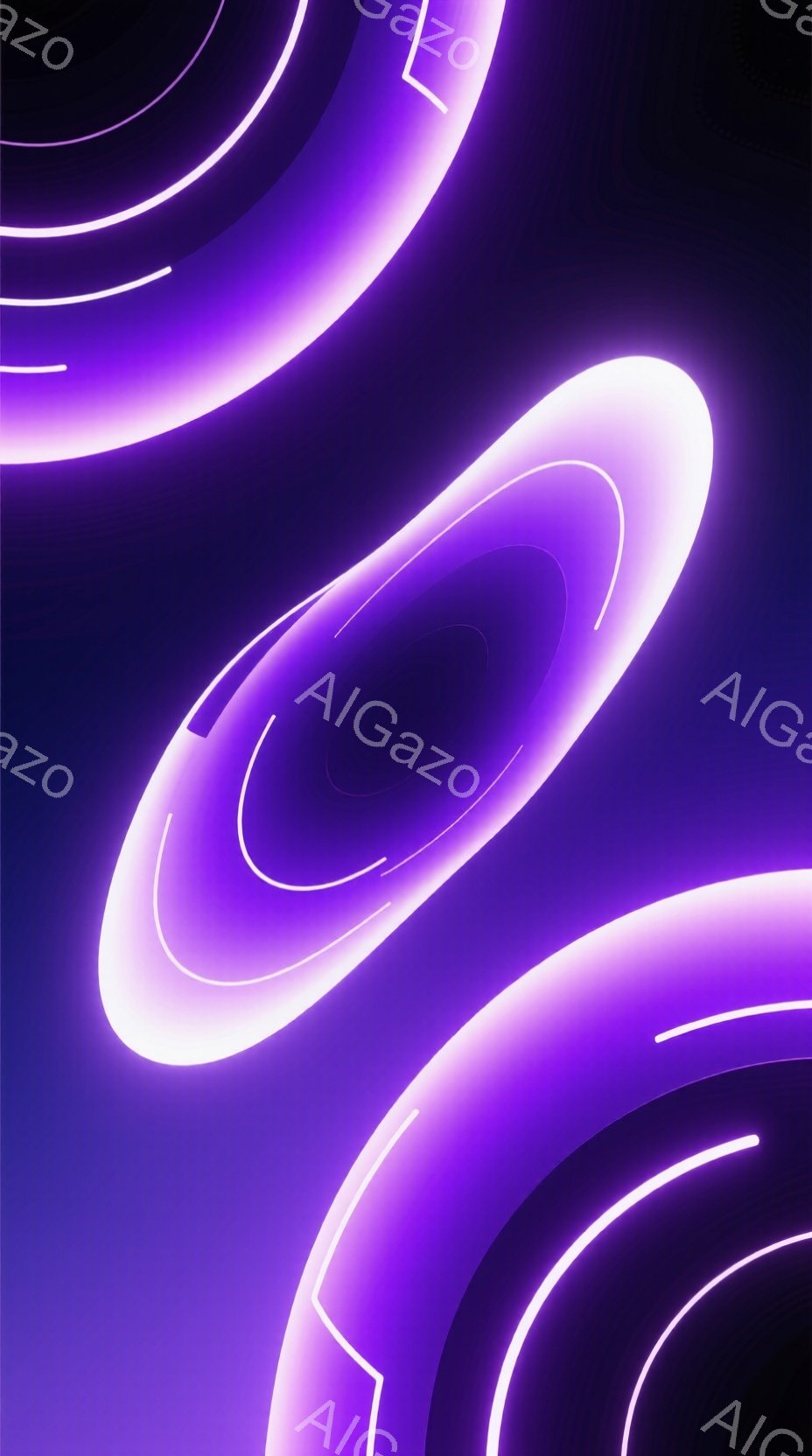 鮮やかな紫色の背景に、複数の発光する円環が重なり合って配置されています。円環はネオンサインのように光り、中心に向かって色が濃くなるグラデーションが特徴的です。全体的に未来的で神秘的な雰囲気を感じさせる抽象的なイメージです。