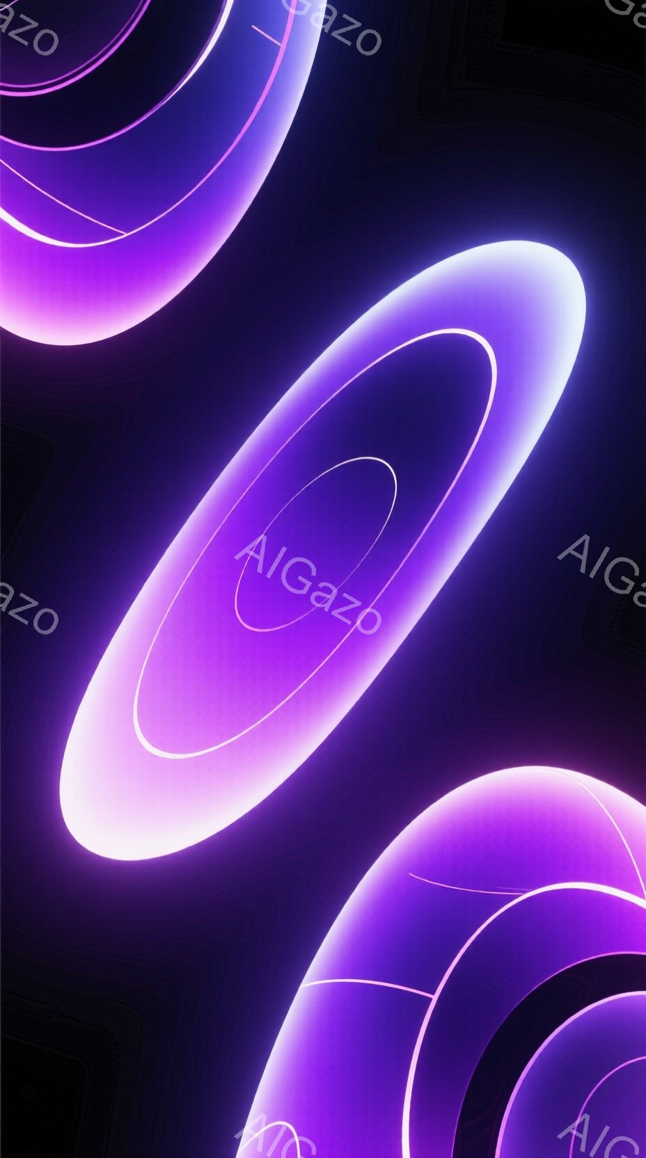 この画像は、紫色の発光する円が重ねて配置された抽象的な構成です。円は徐々に小さく、明るさが変化し、未来的な雰囲気を醸し出しています。背景は暗く、円の光が際立ち、奥行きを感じさせます。