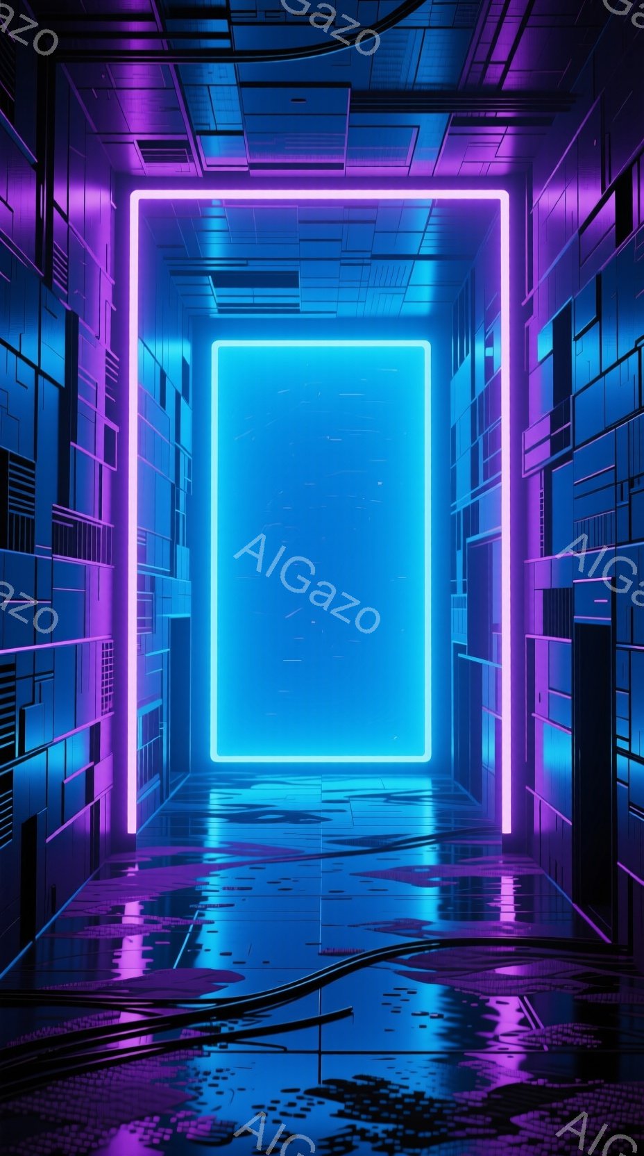 鮮やかなネオンブルーの光が、未来的な構造物のトンネルの中に浮かび上がる様子が描かれている。壁面は幾何学的なパターンで構成され、床面には光の反射が確認できる。全体的にサイバーパンク風の神秘的で没入感のあ - AI生成フリー素材