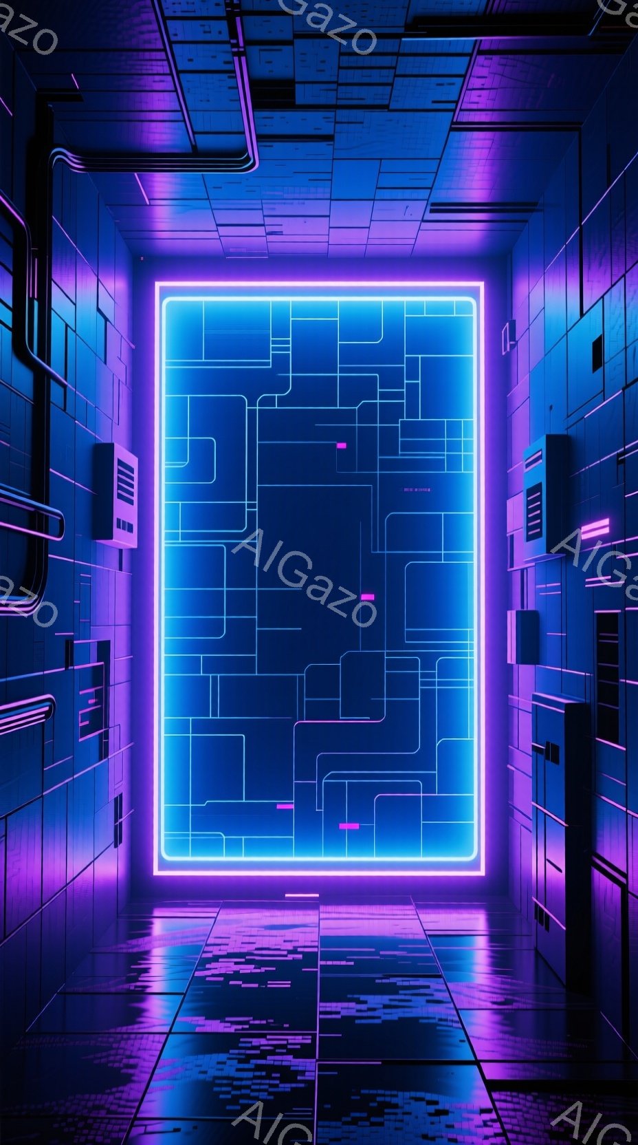 鮮やかなネオンブルーと紫色の光が、未来的な空間全体を照らしている。部屋は幾何学的な線と発光するパネルで構成され、床面は反射して光を強調している。中央には巨大な発光四角形があり、複雑な回路図のようなパターンが描かれている。
