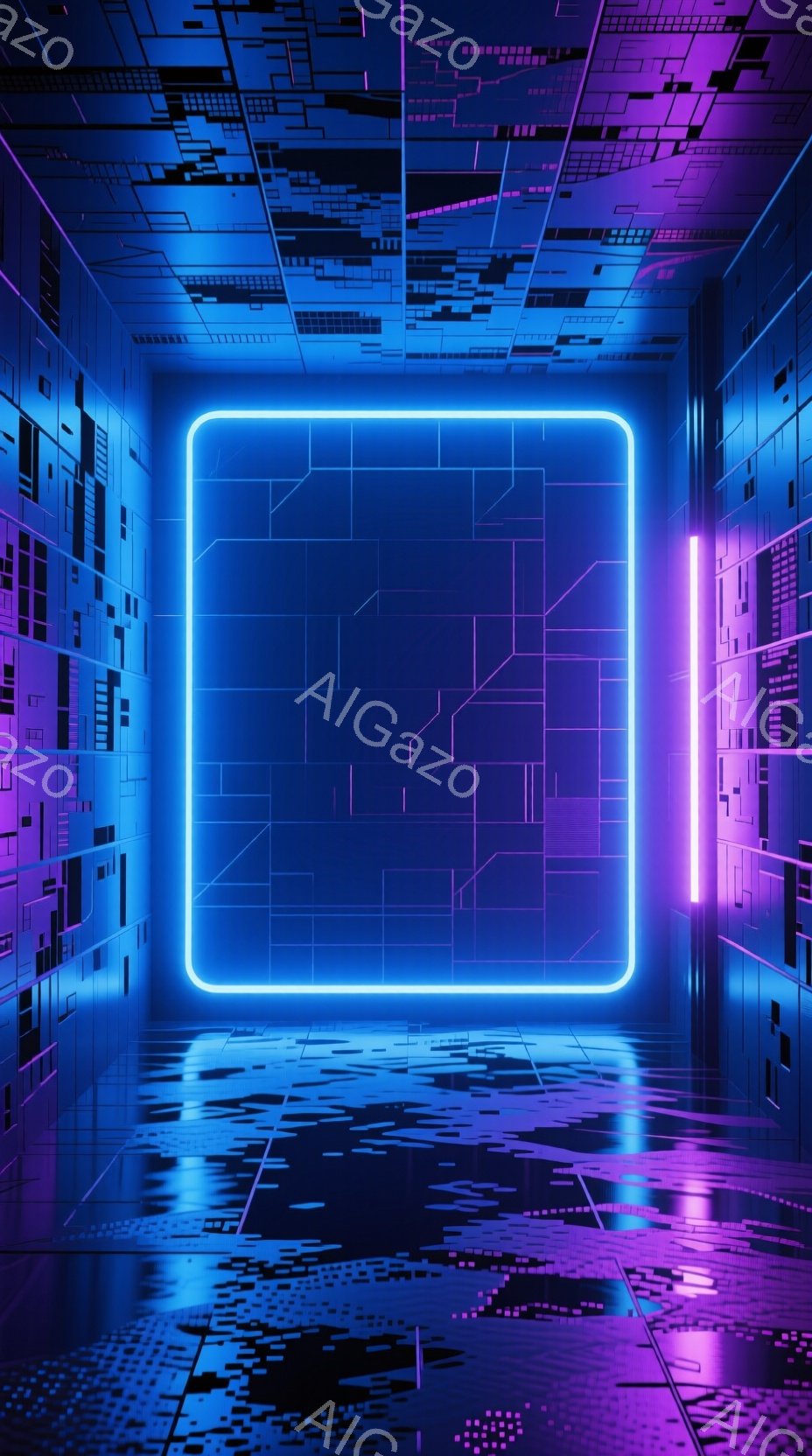 この画像は、青と紫の色調で照らされたサイバー空間のような空間を描いています。床面は鏡面仕上げで光を反射し、天井と壁は複雑な回路のようなパターンで覆われています。中央には青い発光する正方形があり、空間全体が未来的な雰囲気と神秘的な印象を与えます。