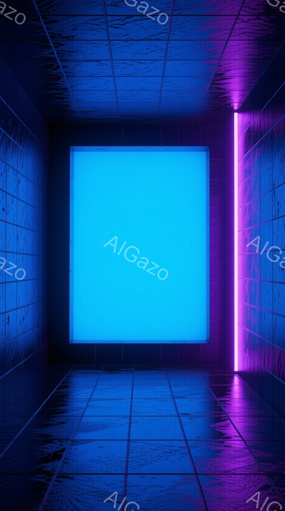 この画像は、青いタイルで覆われた部屋の内部を示しており、部屋の中央には明るい青色の四角い光の空間があります。部屋の右側には、天井から床まで伸びる紫色の光のラインがあり、光沢のあるタイルの表面に反射しています。全体的に、未来的な、ミニマルで、やや不気味な雰囲気を醸し出しています。