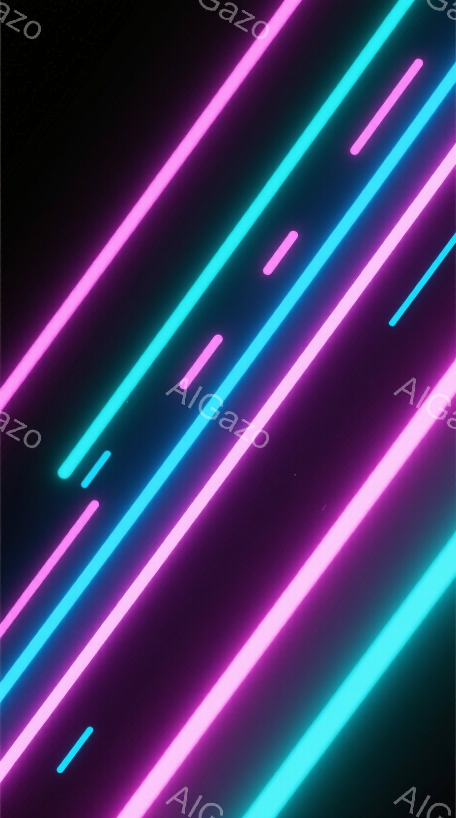 この画像は、鮮やかなネオンピンクとターコイズブルーの直線が、暗い紫色の背景を斜めに横切る抽象的な表現です。光線はそれぞれ異なる長さで、まるで未来的な光の帯が交差しているような印象を与えます。全体として、クールでサイバーパンクな雰囲気を持つ、ミニマルで洗練されたデザインです。