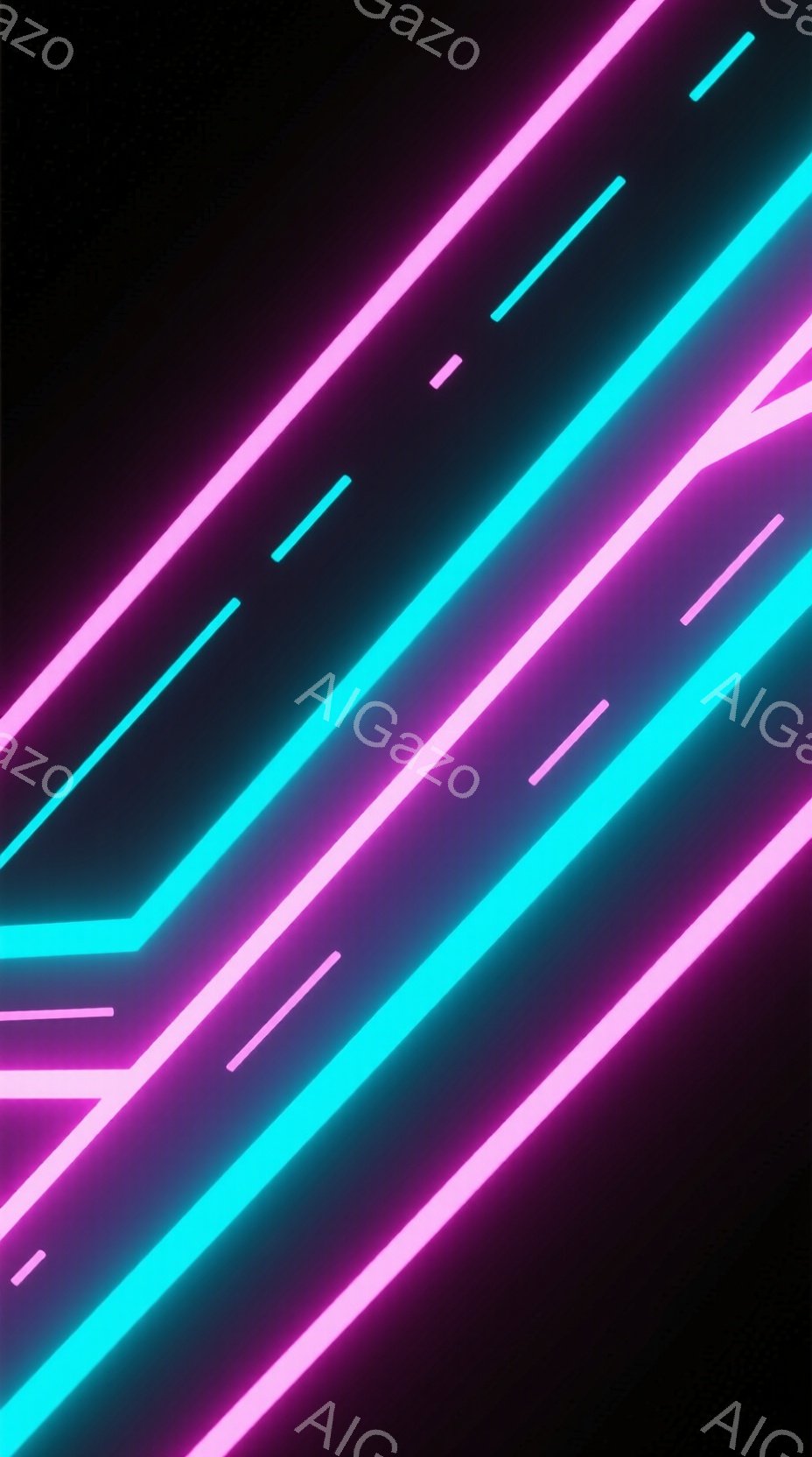 鮮やかなネオンピンクとターコイズブルーの線が、黒い背景を斜めに横切る抽象的な画像です。線は光の帯のように輝き、未来的な雰囲気と奥行きを生み出しています。全体として、幾何学的でモダンなデザインが特徴的で - AI生成フリー素材