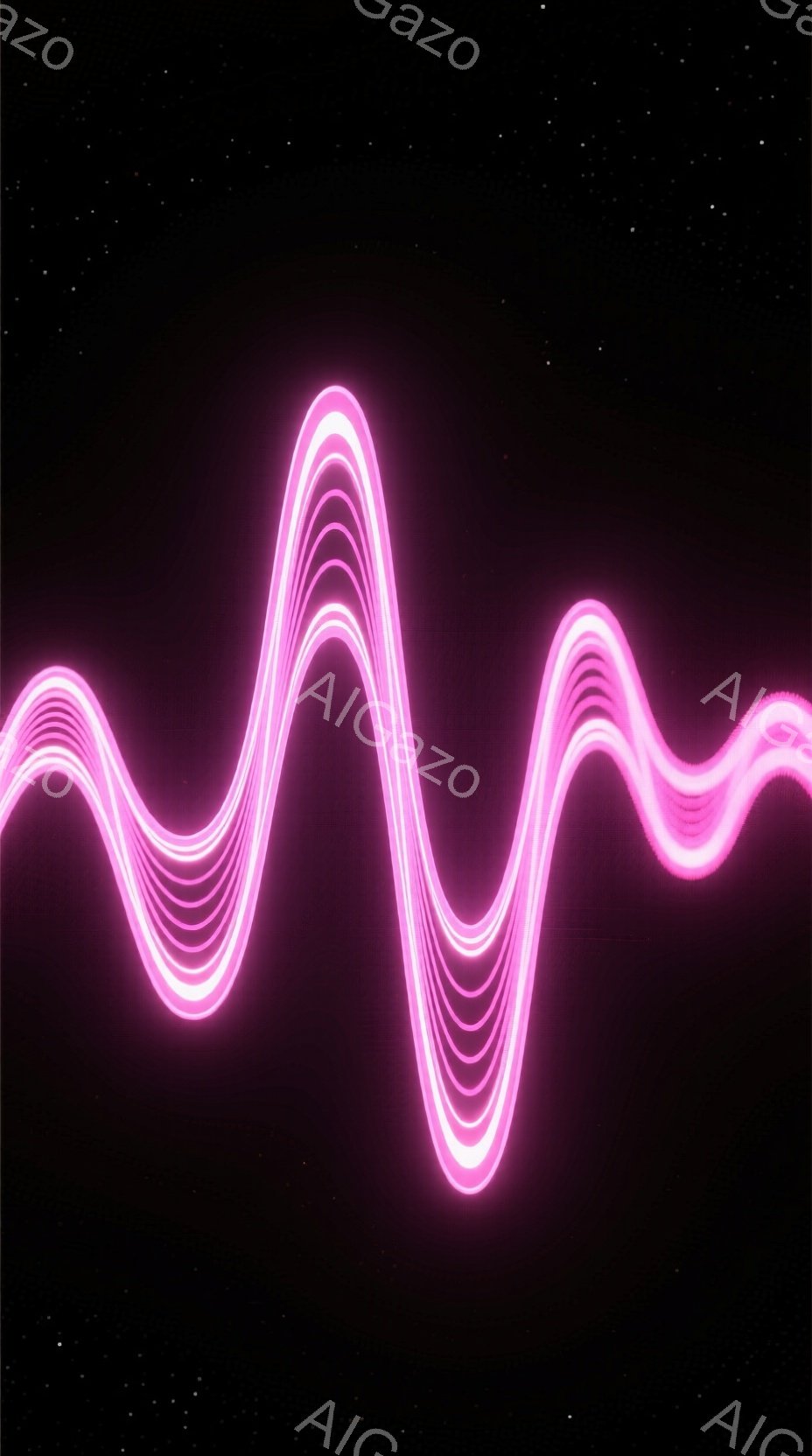 鮮やかなピンク色の光の線が、暗い背景に波打つように描かれています。光の線は、何層にも重なり、まるで心電図のような印象を与えます。全体的に、未来的ながらも有機的な雰囲気を持った抽象的なイメージです。