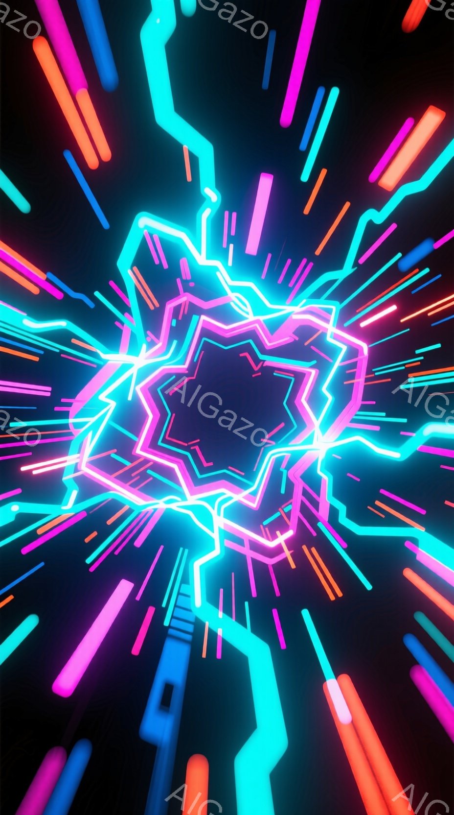 鮮やかなネオンカラーの光線が、黒い背景の中で放射状に広がっている。中心には、複数の発光する幾何学的な図形が重なり合い、まるでエネルギーが凝縮されたような印象を与える。全体的に近未来的でサイバーパンクな雰囲気を醸し出しており、スピード感と躍動感が感じられる。