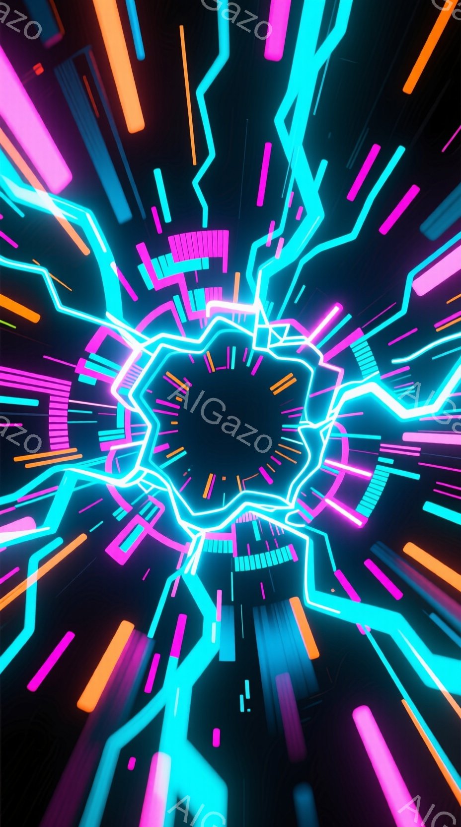 鮮やかなネオンカラーの光線が、暗闇の中で放射状に広がっている様子が描かれています。中心には黒い空間があり、光線がその周りを囲むように配置され、まるでトンネルのような奥行きを作り出しています。全体的に近未来的なエネルギーやスピード感を想起させる、ダイナミックで抽象的なイメージです。