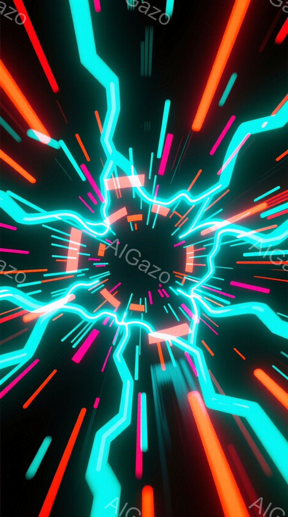 鮮やかなネオンカラーの光線が、暗闇の中心から放射状に広がっている様子が描かれている。ピンク、青、オレンジの光線が交差し、高速で移動するような視覚効果を生み出している。全体的に未来的なトンネルやワープ空間を想起させる、ダイナミックで抽象的なイメージである。