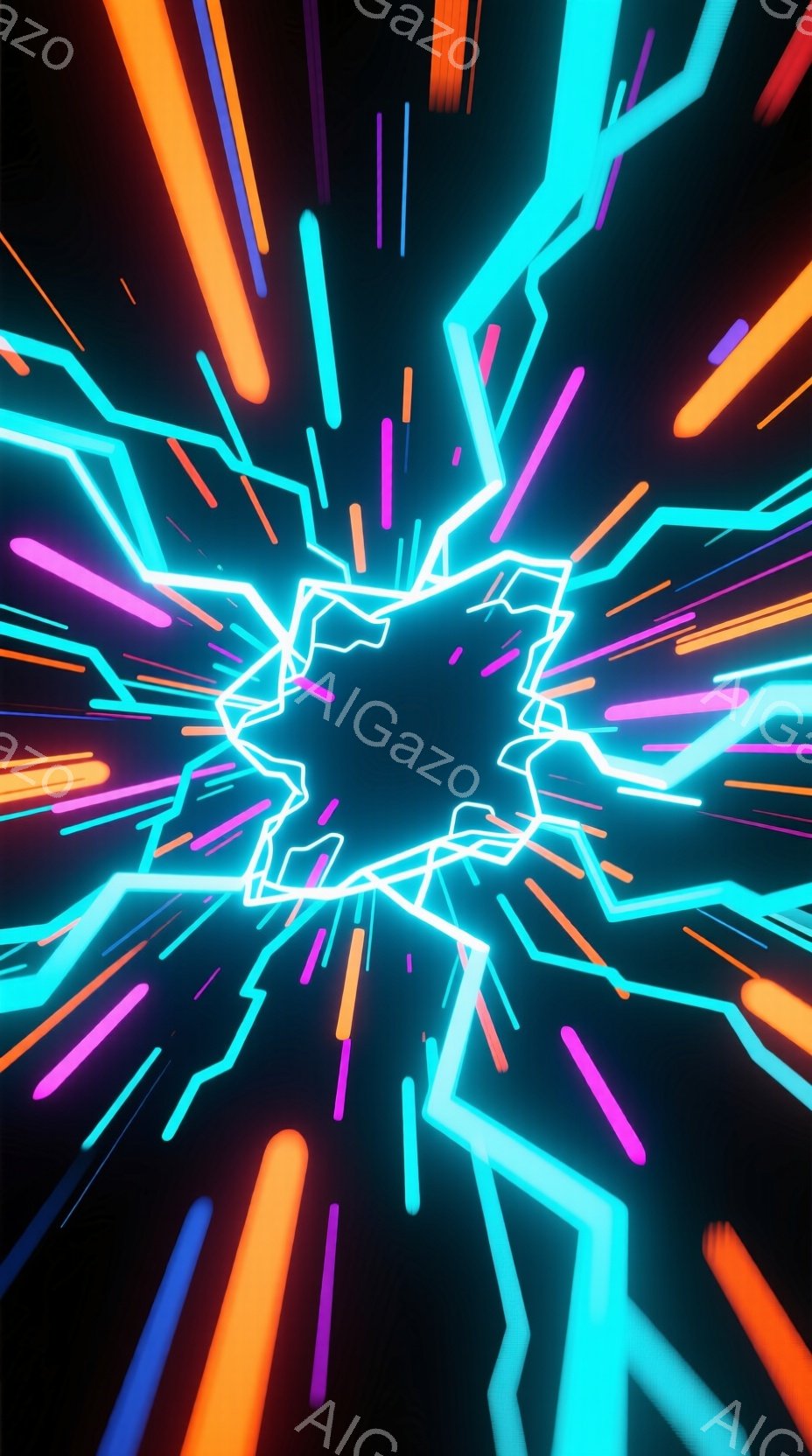 漆黒の背景を背景に、鮮やかなネオンカラーの光線が中心点から放射状に広がっている様子が描かれている。光線はターコイズブルー、オレンジ、ピンク、紫など多岐にわたり、未来的なエネルギーや爆発を連想させるダイナミックな光の表現が特徴的である。全体的に、スピード感と鮮やかさを強調した抽象的なイメージで、サイバーパンクやテクノロジーをテーマにしたビジュアル作品の一部として考えられる。